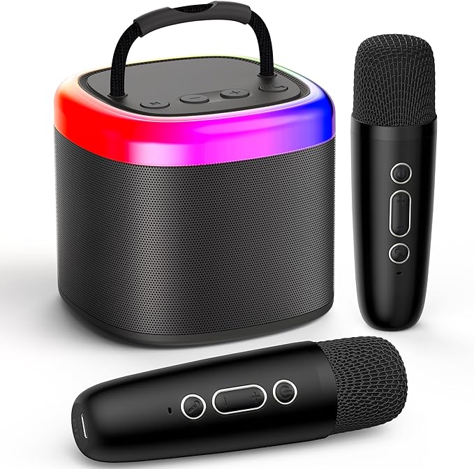 A JYX Mini Máquina de Karaoke, Portable Bluetooth Karaoke Speaker Unpowered Cabinets with 2 Wireless Microphones and Party Lights for Kids and Adults, Birthday Gifts for Girls Boys Family Home Party.