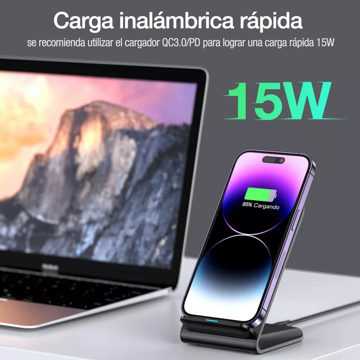 Cargador inalámbrico 15W para iPhone 11/12/13/14/15, y otros dispositivos Negro