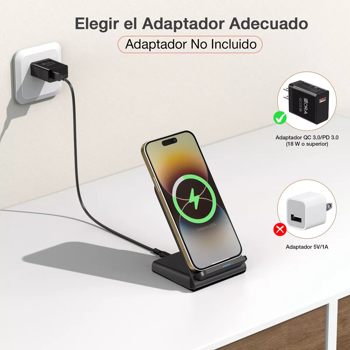 Cargador inalámbrico 15W para iPhone 11/12/13/14/15, y otros dispositivos Negro