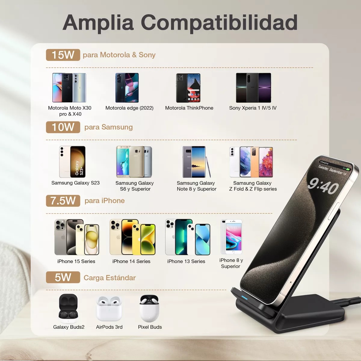 Cargador inalámbrico 15W para iPhone 11/12/13/14/15, y otros dispositivos Negro