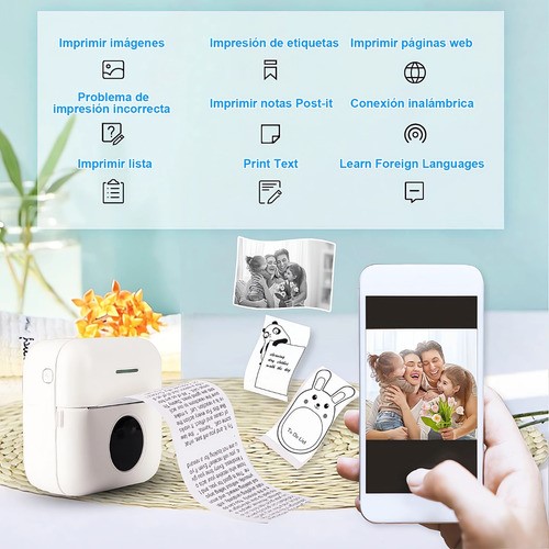 Mini Impresora Térmica Portátil Bluetooth Multifuncional blanco.