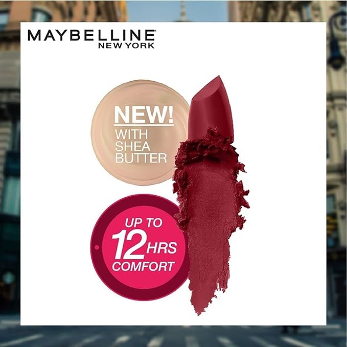 A Maybelline Color Sensational Matte Lápiz Labial, color Divine Wine.