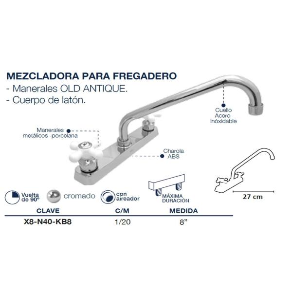 Llave Mezcladora Agua Fregadero O Tarja De Cocina Alfa Cromado Manerales Blanco Porcelana