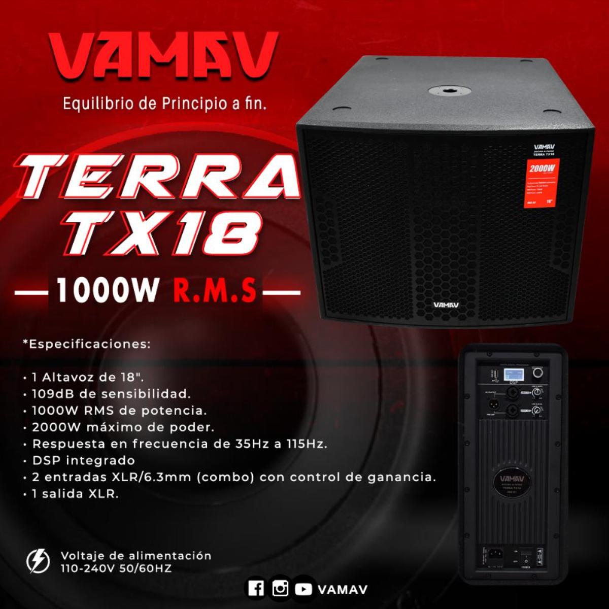 Subwoofer de 18" NOVA TERRA TX18 con dsp 1000w rms.