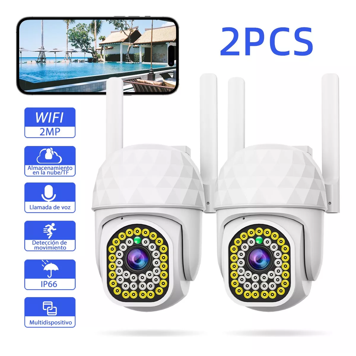 2pcs Cámara De Seguridad Hd Wifi De Visión Nocturna Alarma Blanco