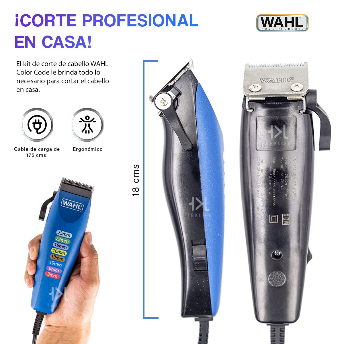 Cortapelo Wahl Color Code 17 Piezas Con Palanca De Ajuste Azul
