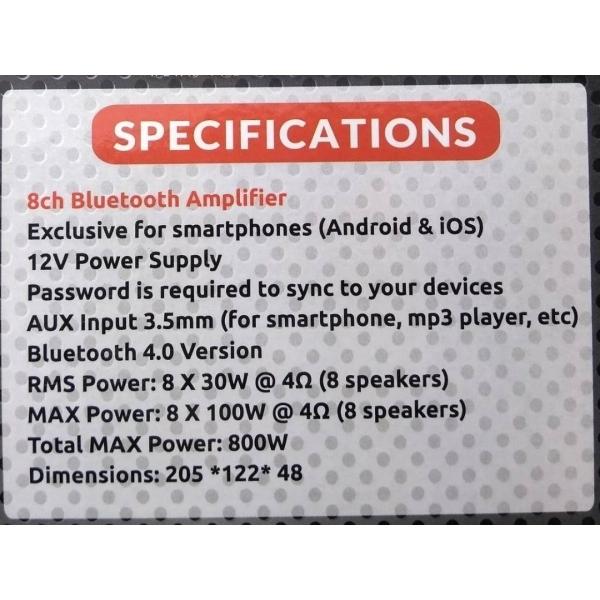 Amplificador 8 Canales Rock Series Rks-Ampbt8 800 Watts Clase D Bluetooth Android iOS 