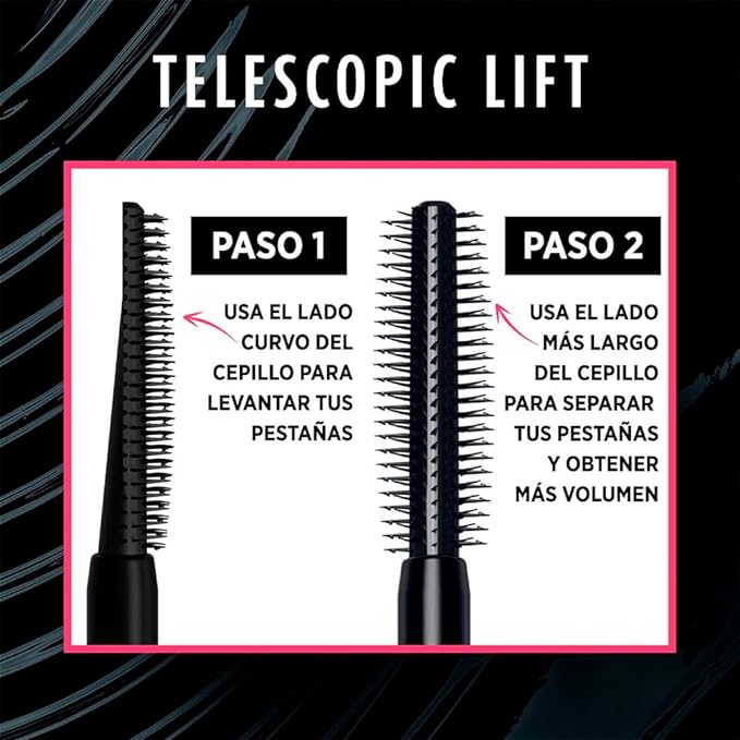 A L'Oreal Paris Máscara de pestañas Telescopic Lift a prueba de agua para levantamiento de pestañas, alargamiento y volumen, con hasta 36 horas de uso, negro, 10 ml.