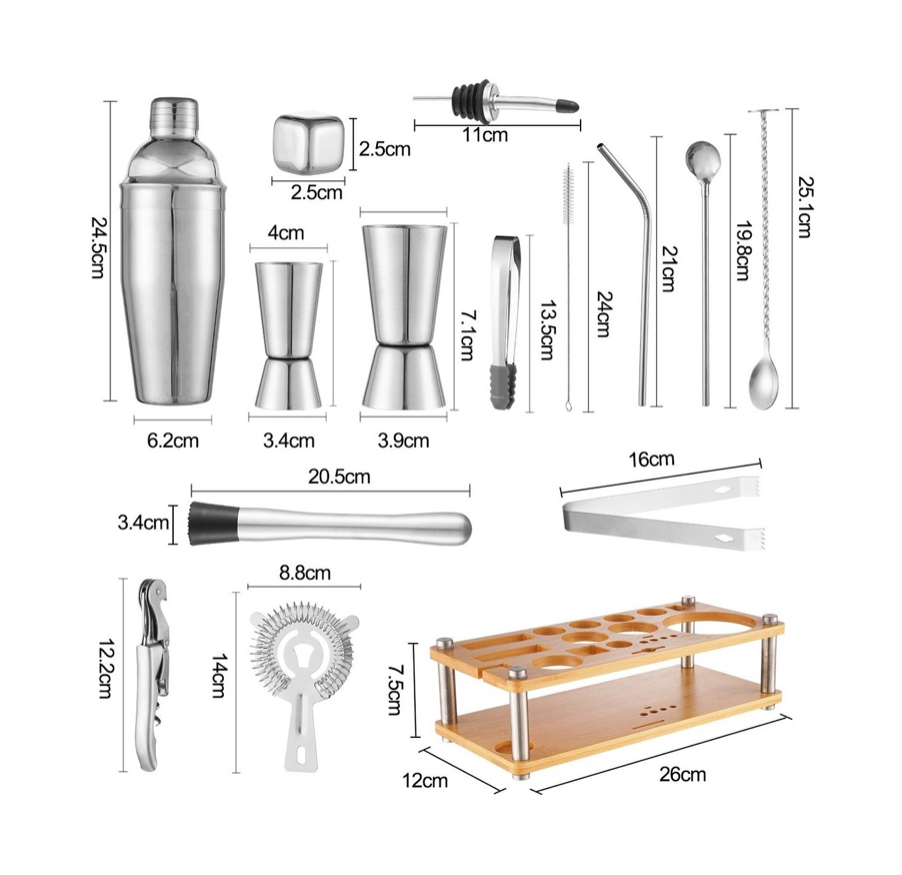 Set De Coctelería Para Bar 25 Piezas Cocteleras Cóctel 750ml.