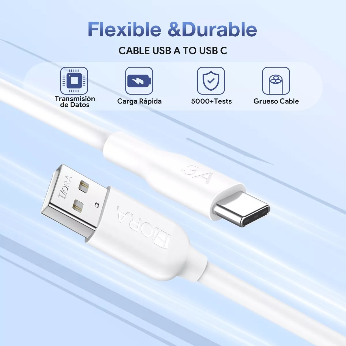 Cargador Universal Usb 3 Am Con Cable Tipo C 3.0 1hora Blanco