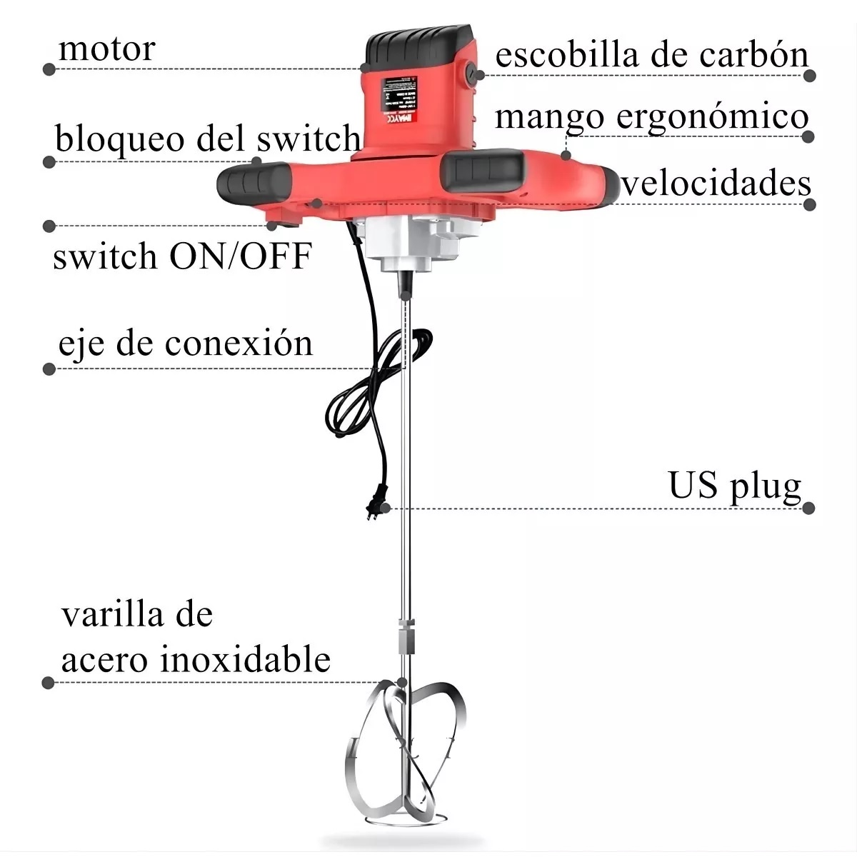 Mezcladora Eléctrica De Cemento/pintura Velocidad Ajustable rojo