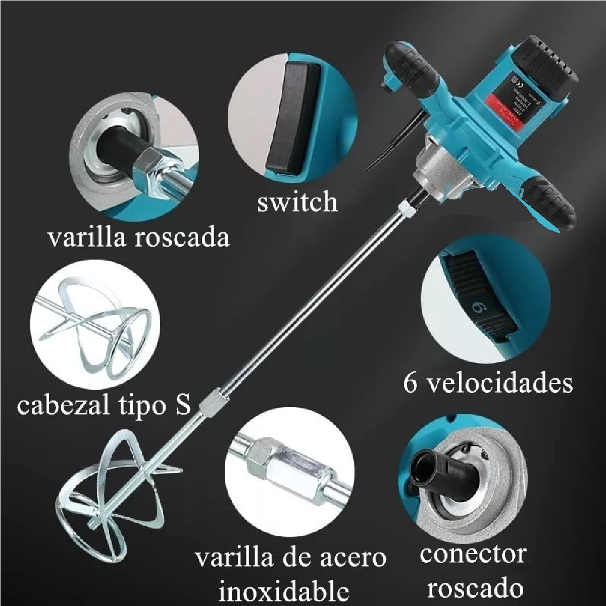 Mezcladora Eléctrica De Cemento Pintura 6 Velocidades 2100w azul