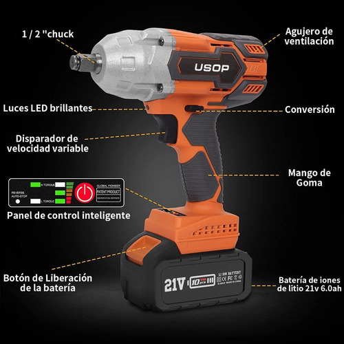 800n.m Llave De Impacto 1/2 Inalámbrica Usop C/2 Baterías