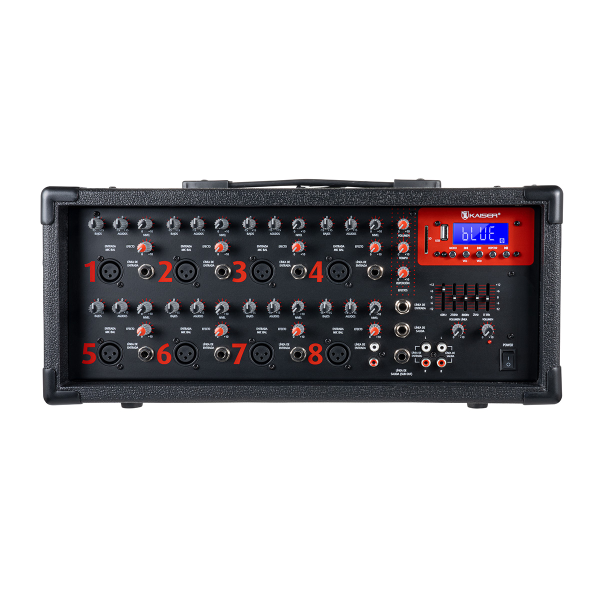 Consola amplificadora 1,800 W PMPO 8 canales con Bluetooth Kaiser MIX-2308DUSB.
