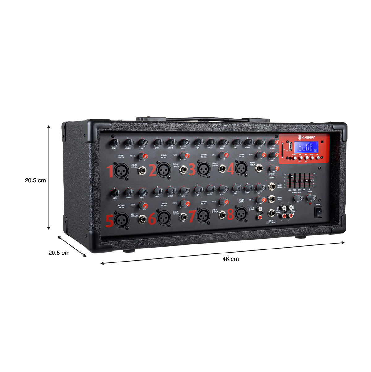 Consola amplificadora 1,800 W PMPO 8 canales con Bluetooth Kaiser MIX-2308DUSB.