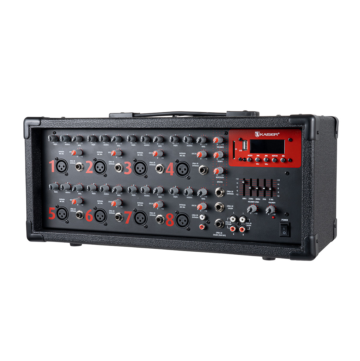 Consola amplificadora 1,800 W PMPO 8 canales con Bluetooth Kaiser MIX-2308DUSB.
