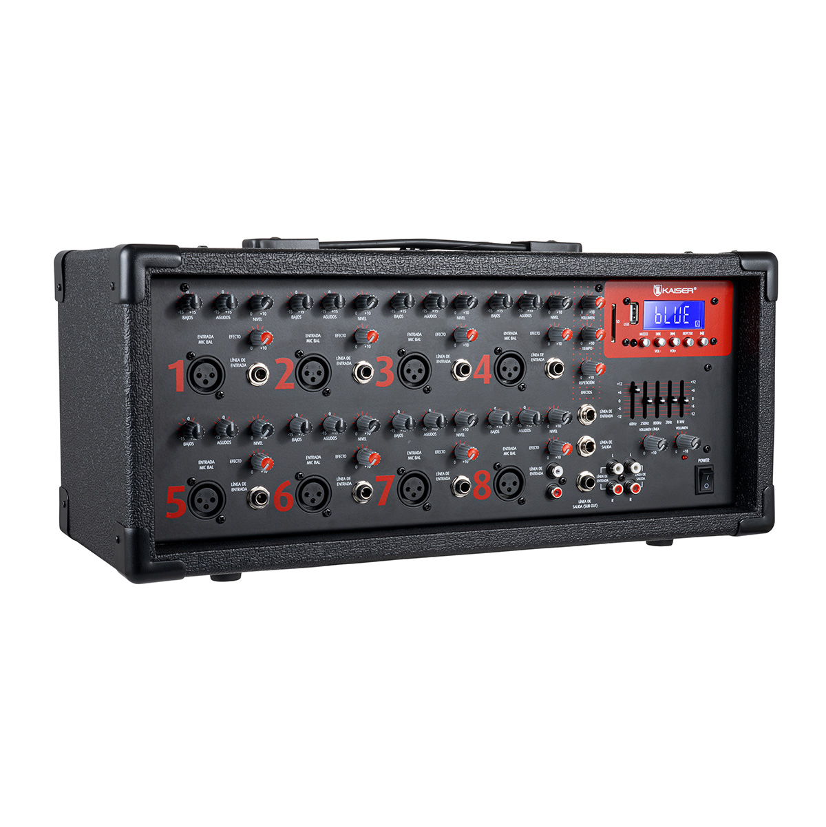 Consola amplificadora 1,800 W PMPO 8 canales con Bluetooth Kaiser MIX-2308DUSB.