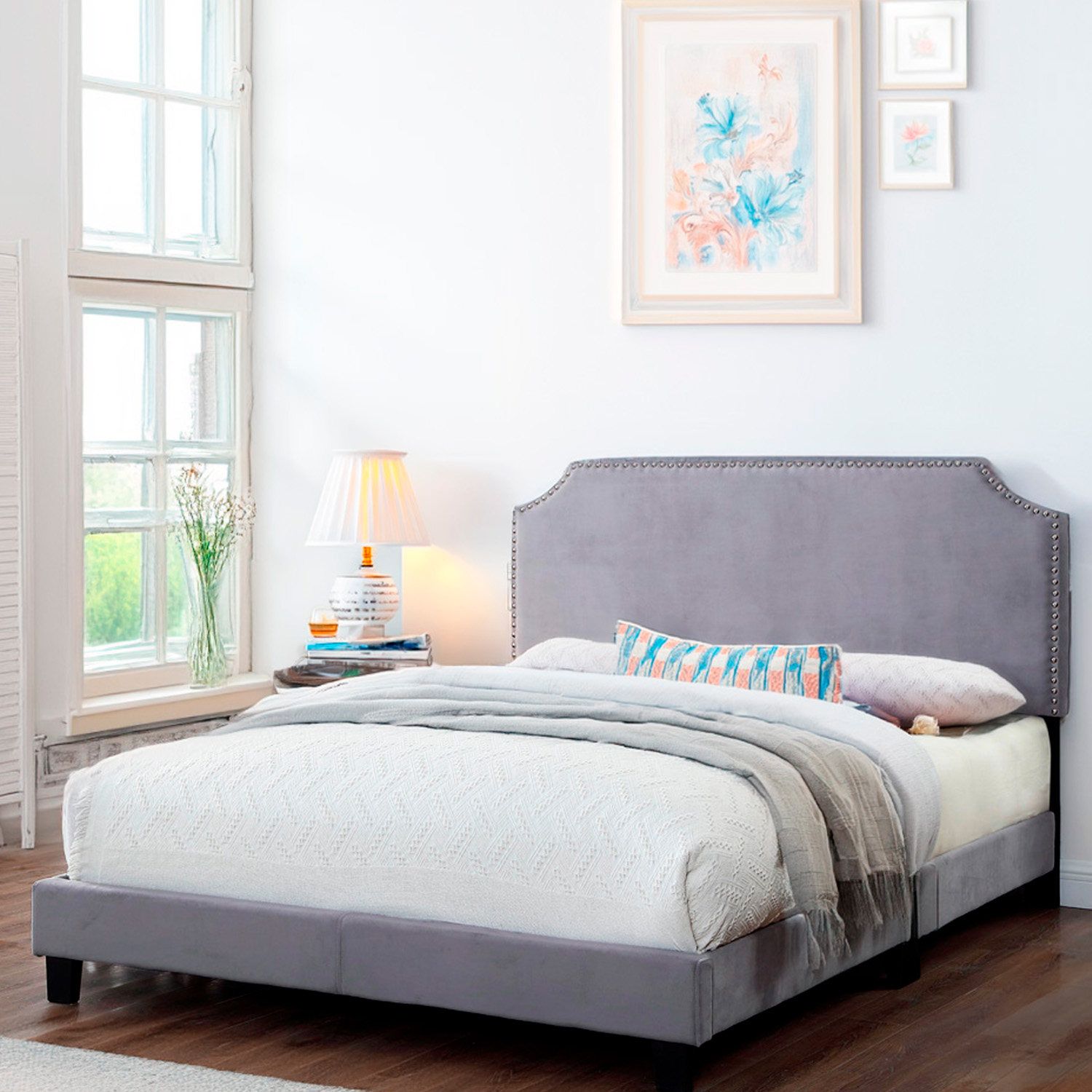 Ilios Innova | Elegante Base para cama King Size color gris con cabecera forrada y acolchada | Diseño minimalista | Resistente estructura de madera 