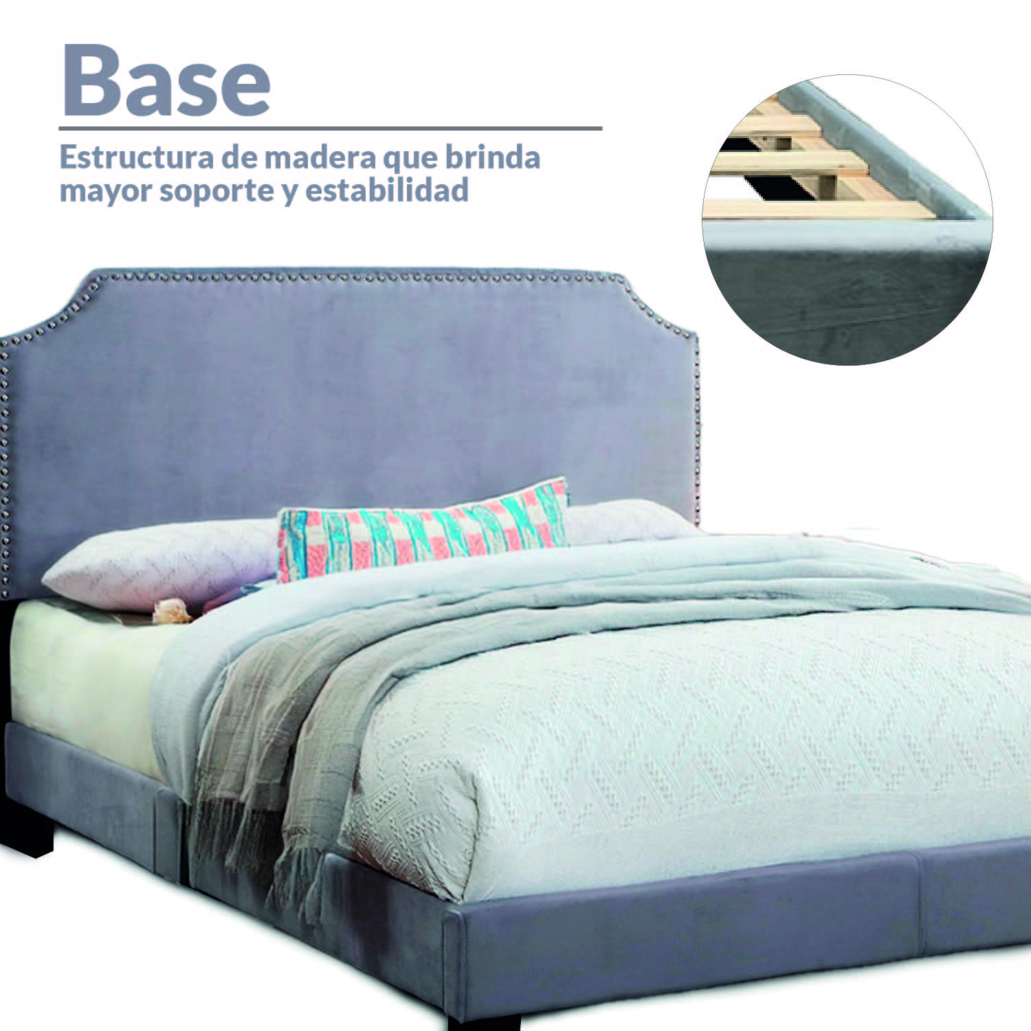 Ilios Innova | Elegante Base para cama King Size color gris con cabecera forrada y acolchada | Diseño minimalista | Resistente estructura de madera 