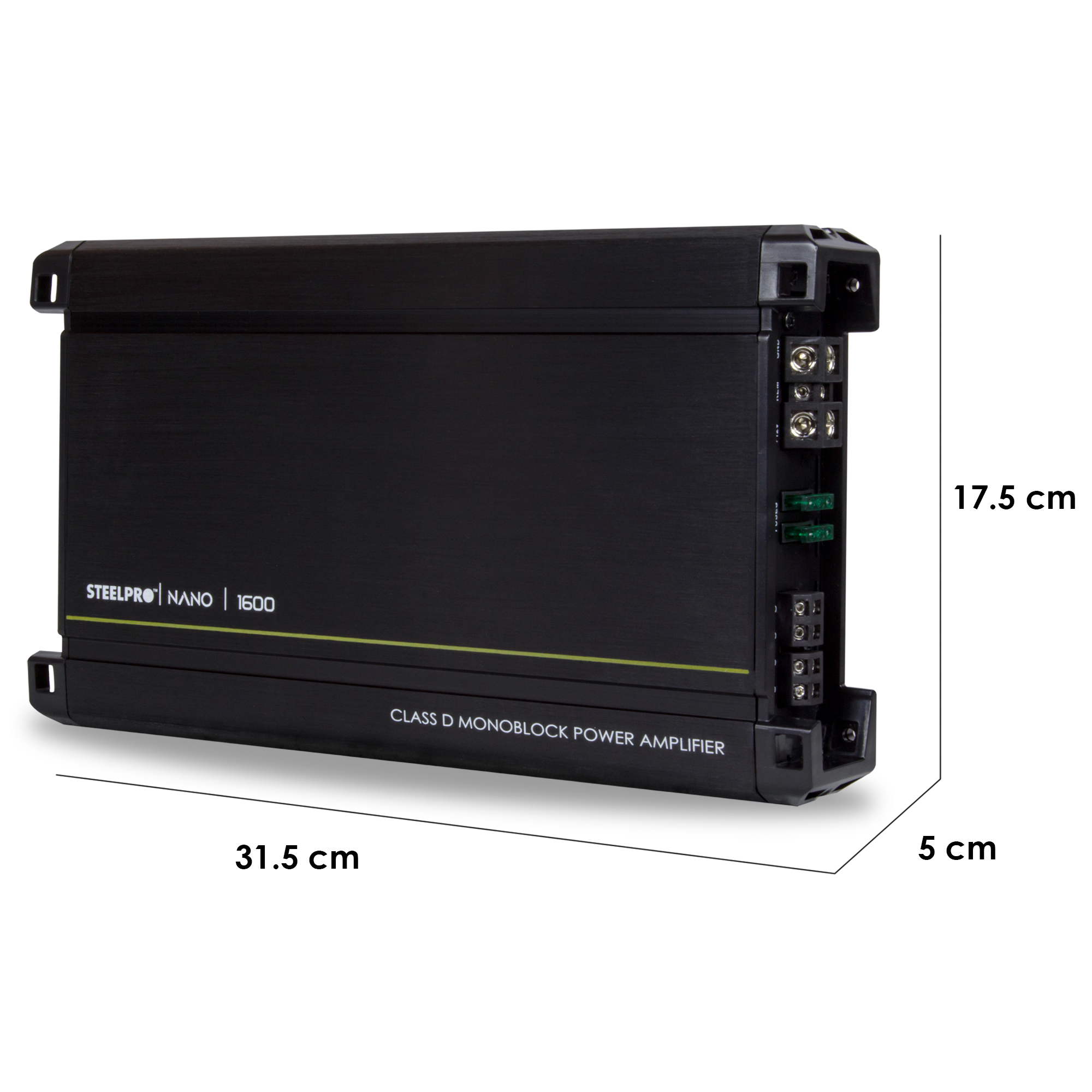 Amplificador Mono Block Nano-1600w Steelpro 1ch Control Bass Color Negro.