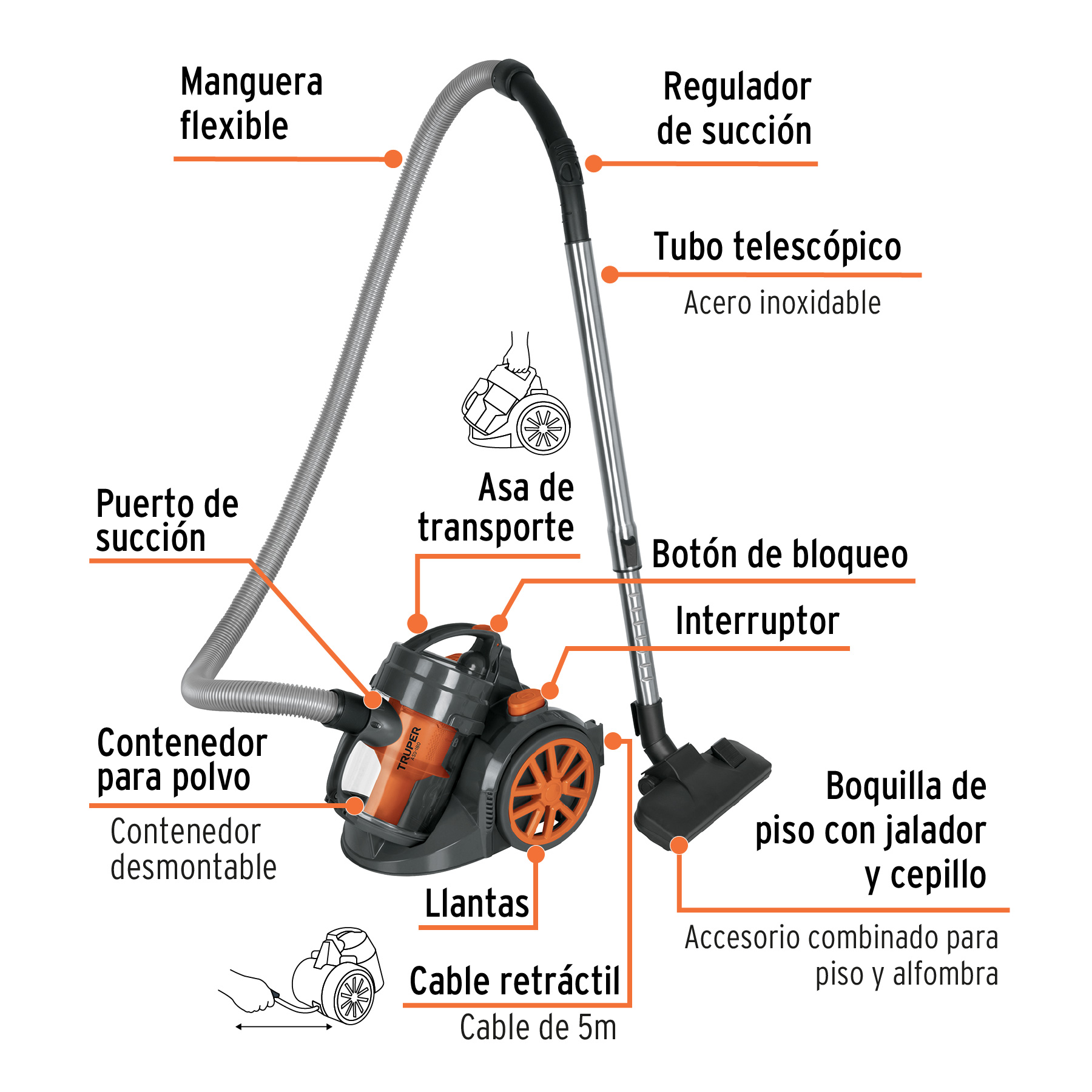 Aspiradora doméstica 1.8L, Truper con filtro HEPA que atrapa microorganismos nocivos para la salud.