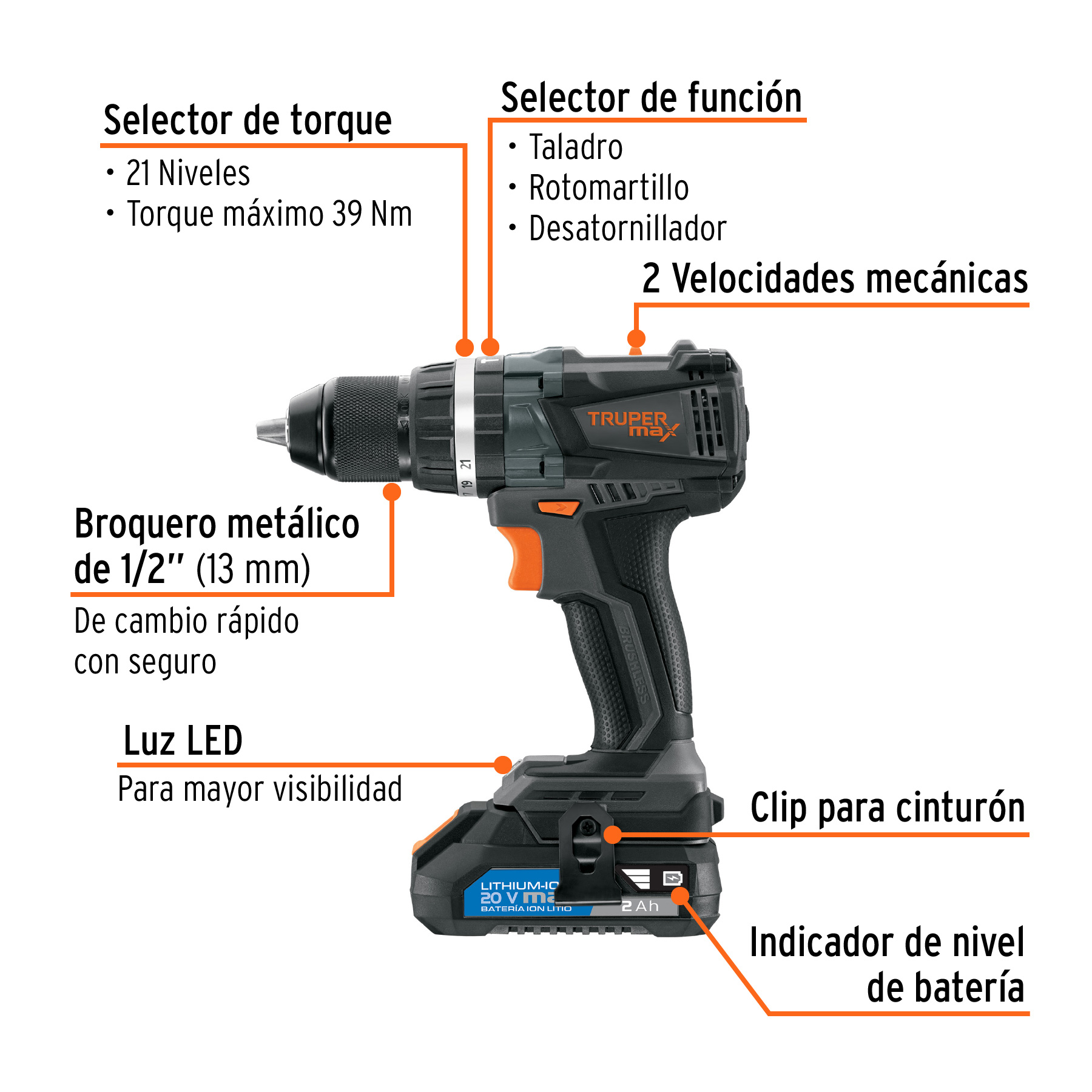 Rotomartillo, taladro y destornillador inalámbrico 1/2", 20V,  TRUPER MAX, tecnología BRUSHLESS (sin carbones).