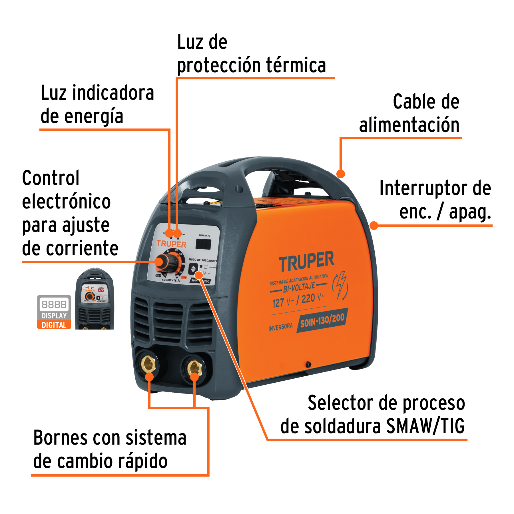 Soldadora inversora Truper bi voltaje 200 A 127 V/220 V 16053 naranja