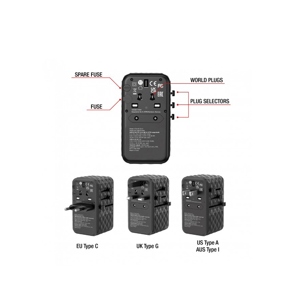 Adaptador universal de viaje UTA-06 GaN III con 2 puertos USB-C PD y QC 4+ y 2 USB-A QC 3.0 32121.