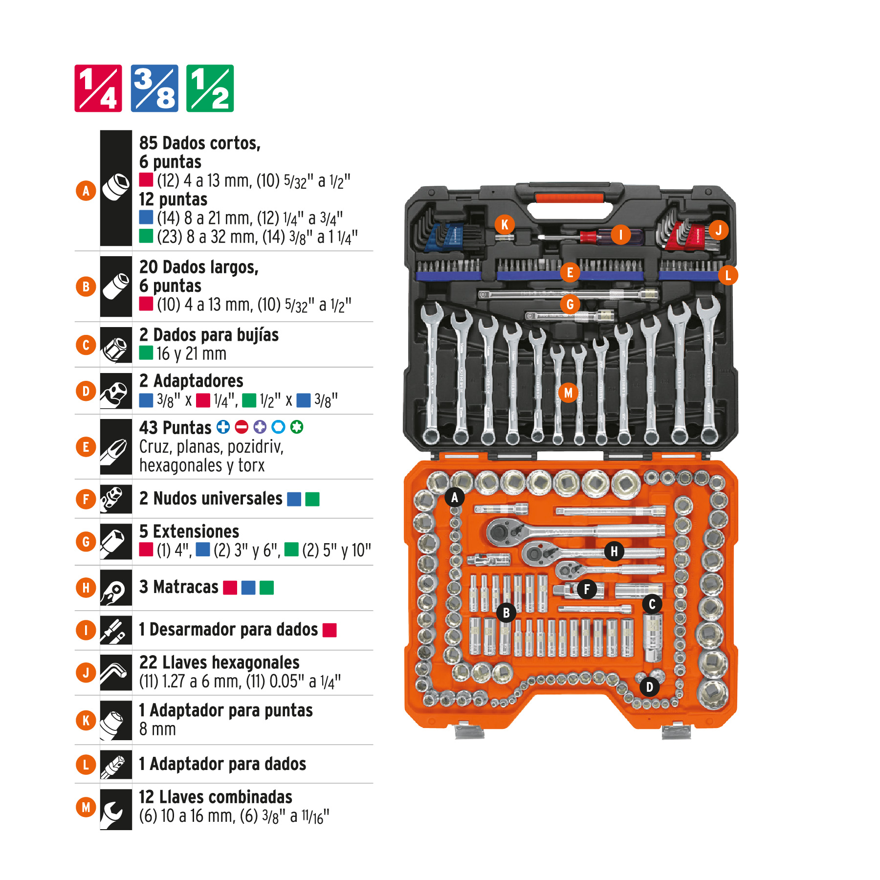 Juego 199 herramientas Truper 1/4, 3/8 y 1/2 std y mm p/mecánico JD199MP