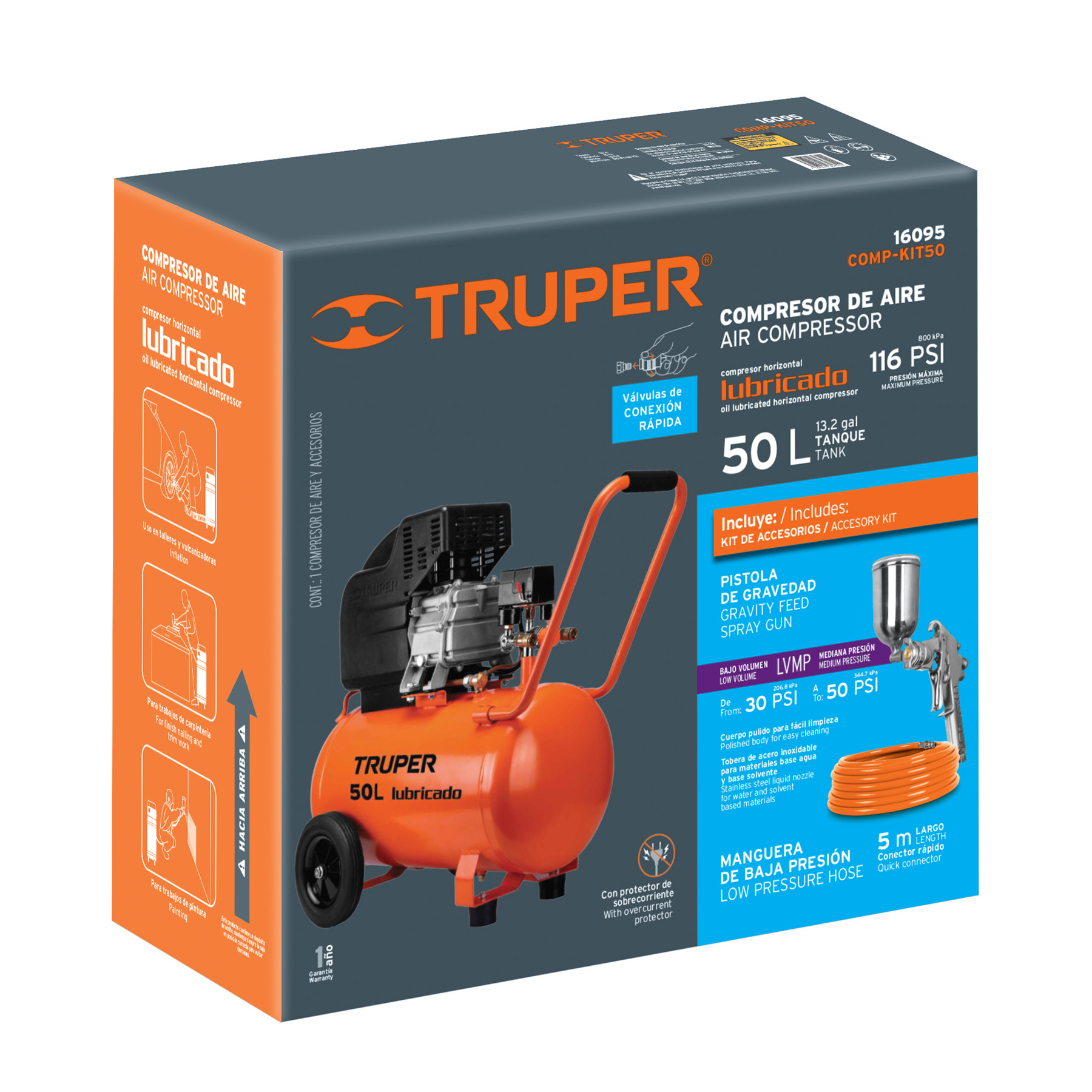 Kit Compresor de aire Truper 50L 3 1/2HP manguera y pistola 16095 naranja