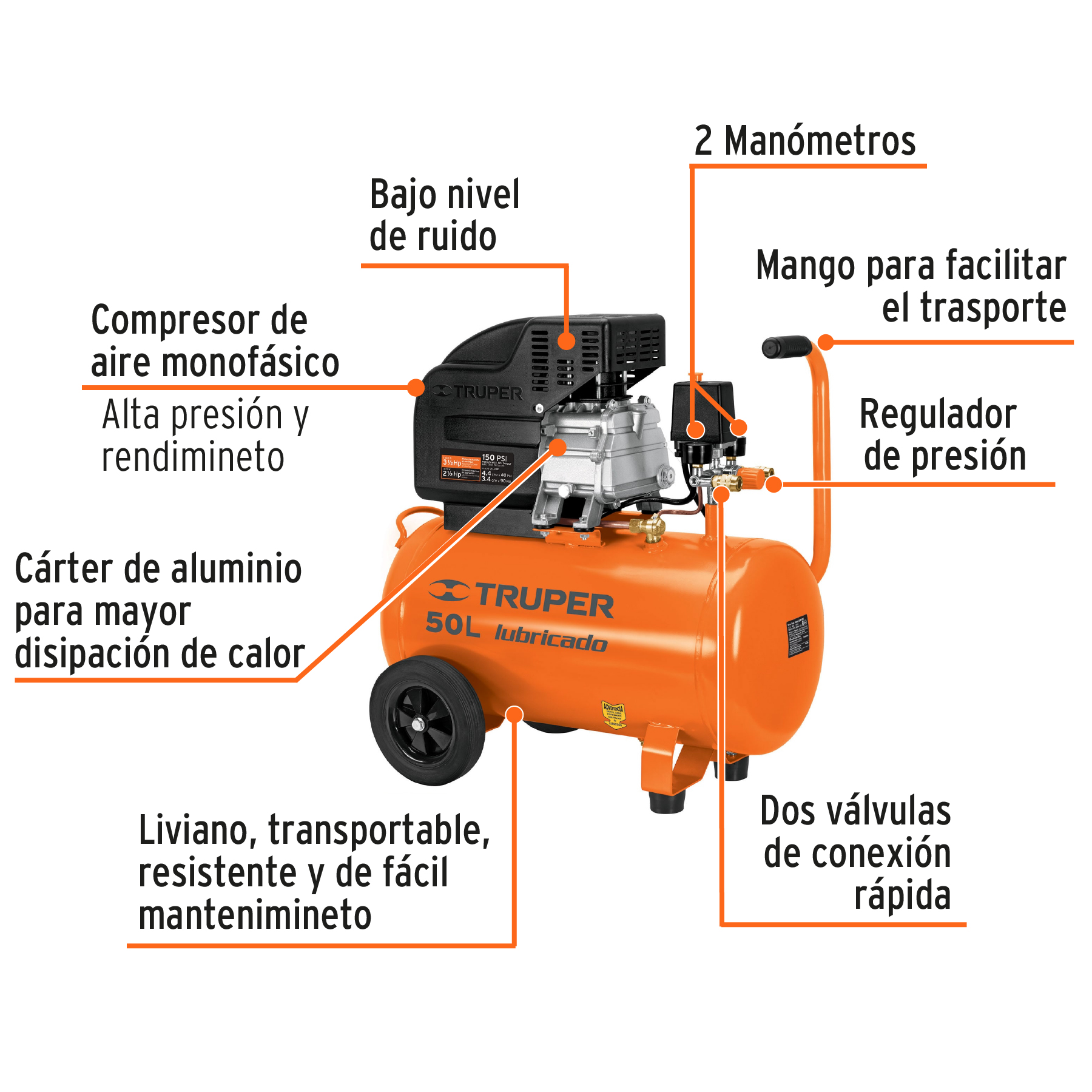 Kit Compresor de aire Truper 50L 3 1/2HP manguera y pistola 16095 naranja
