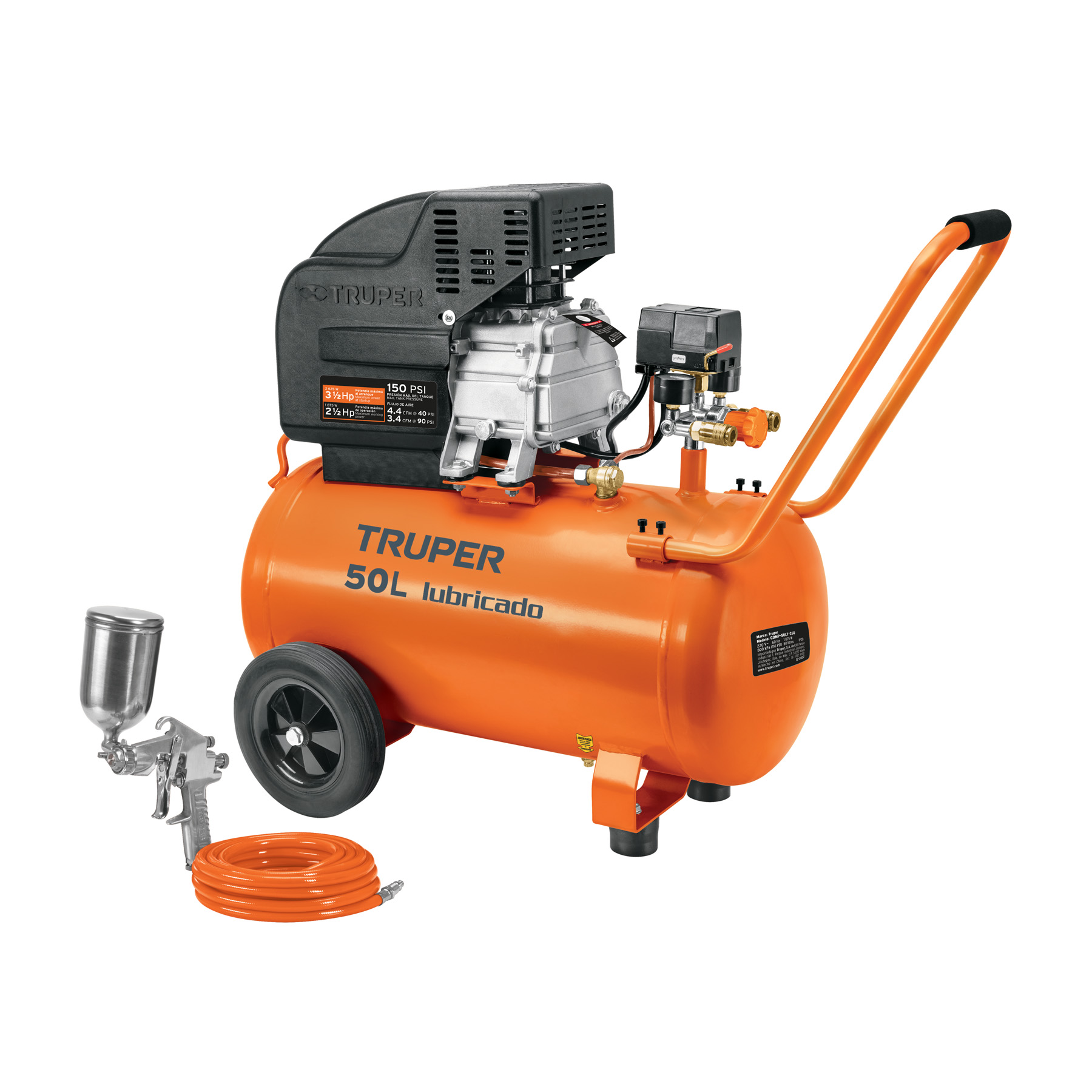 Kit Compresor de aire Truper 50L 3 1/2HP manguera y pistola 16095 naranja