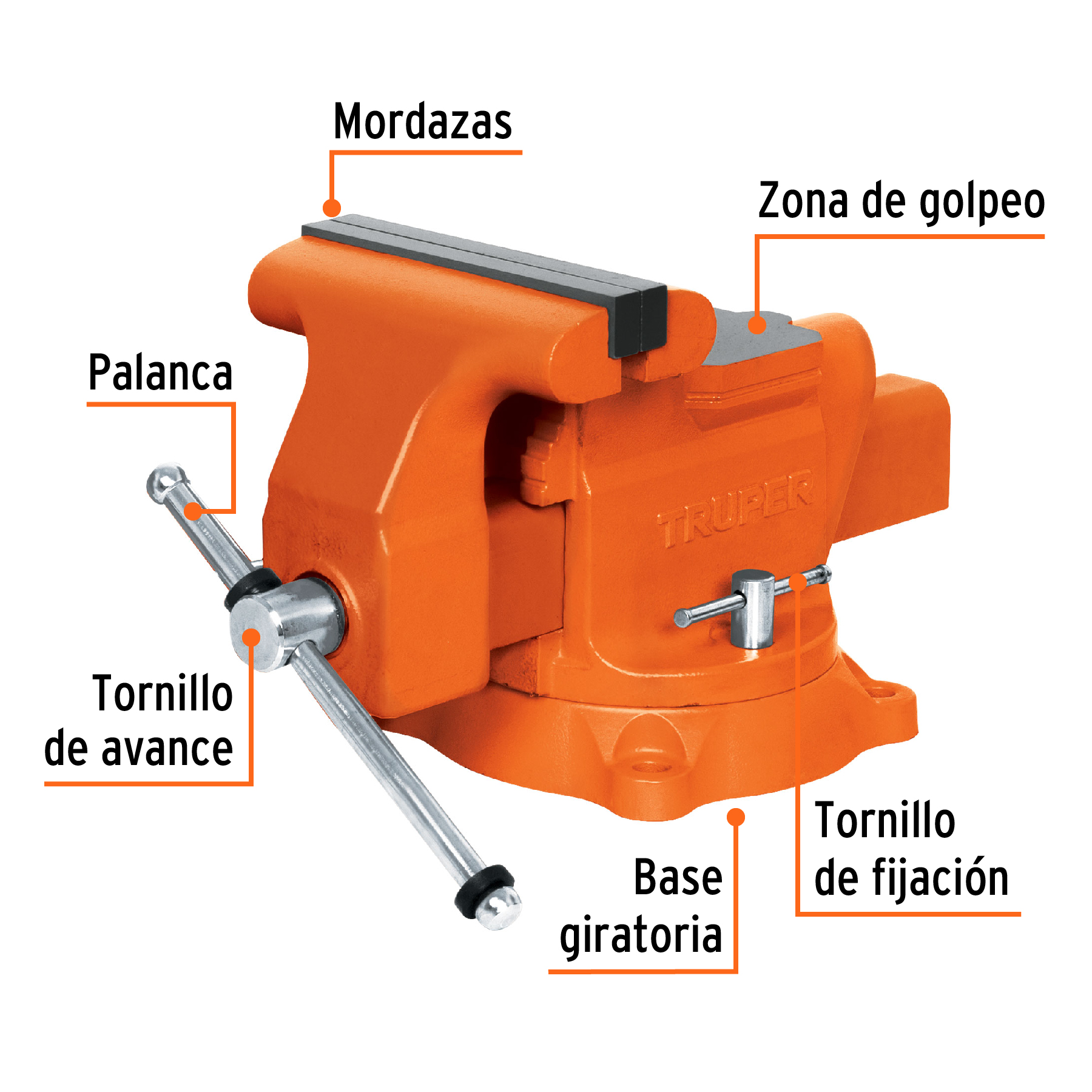 Tornillo de banco Truper 8 pul uso industrial de hierro nodular 18595 naranja