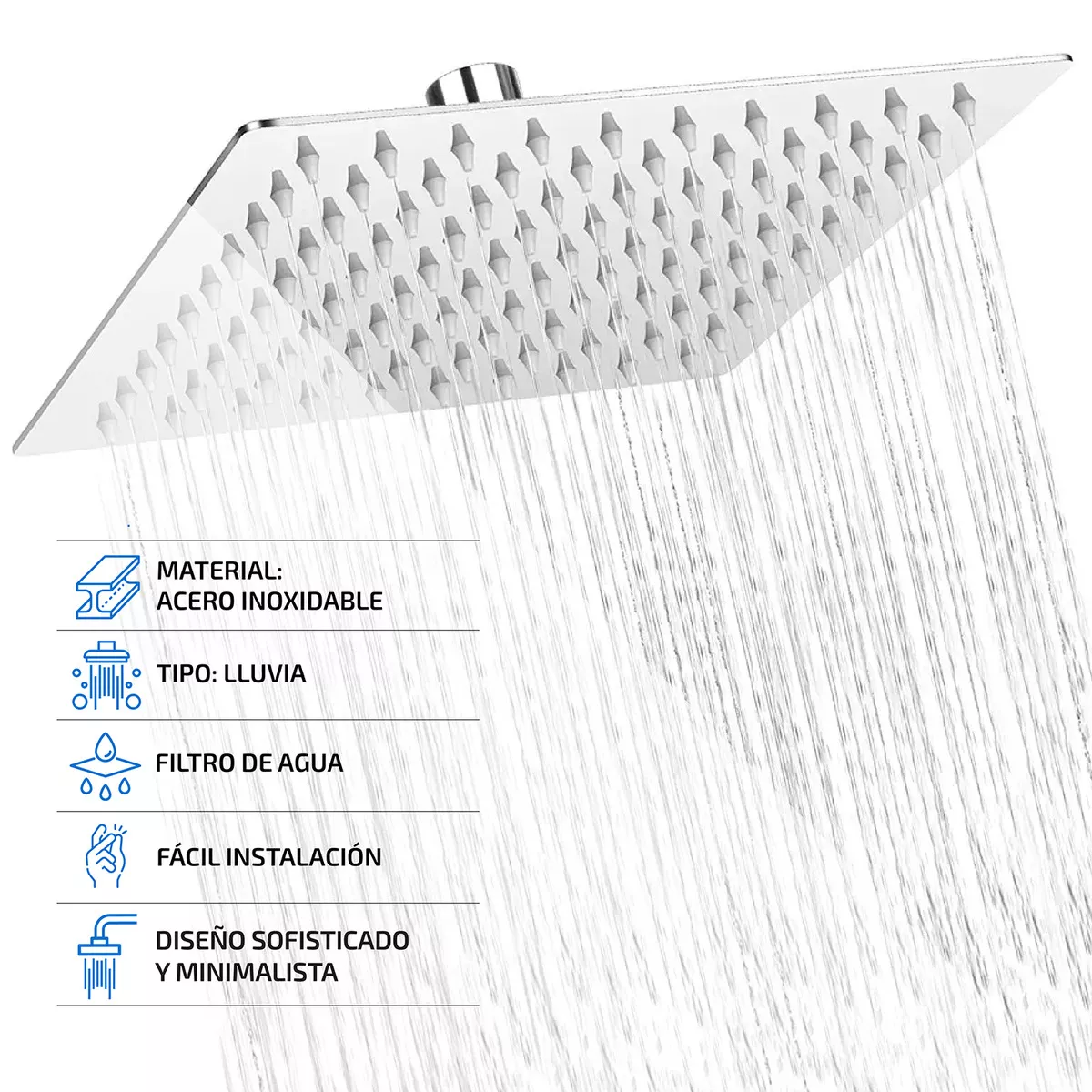 Regadera Cuadrada Baño 20x20 Grande con Tubo Acero inoxidable Lluvia Alta Baja Presion