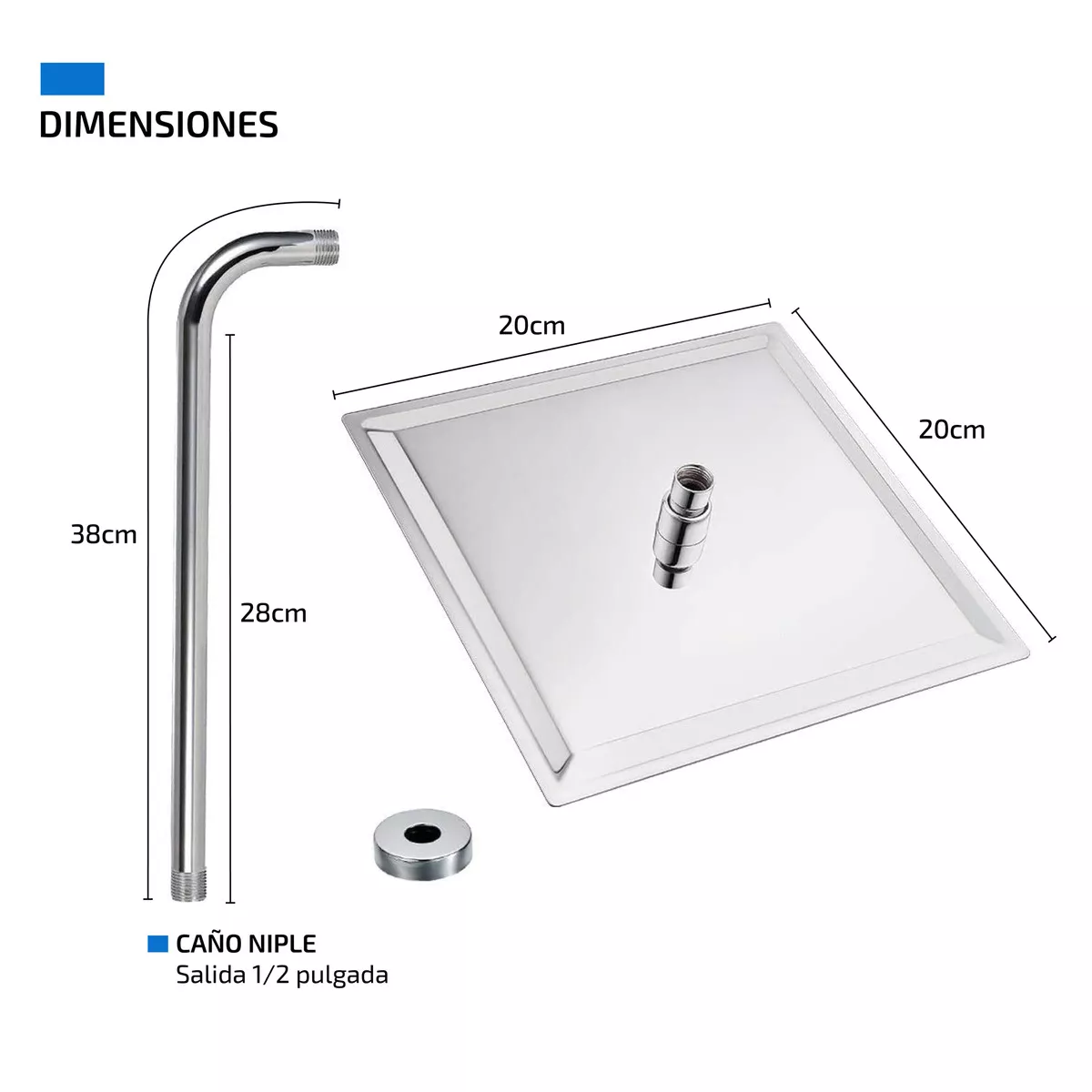 Regadera Cuadrada Baño 20x20 Grande con Tubo Acero inoxidable Lluvia Alta Baja Presion