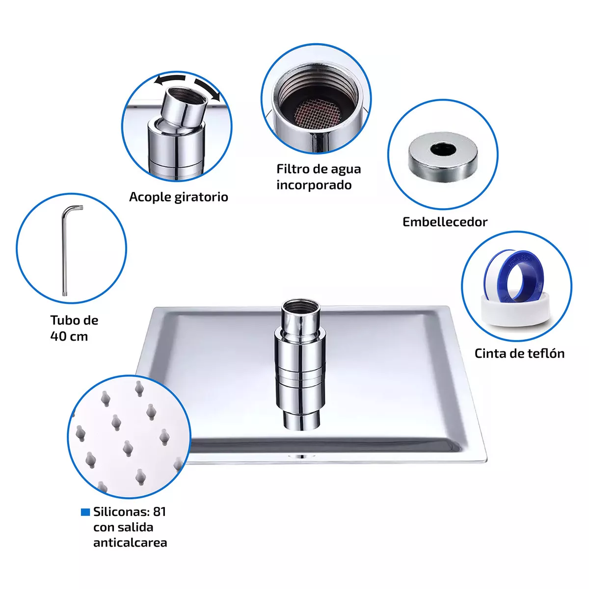 Regadera Cuadrada Baño 20x20 Grande con Tubo Acero inoxidable Lluvia Alta Baja Presion