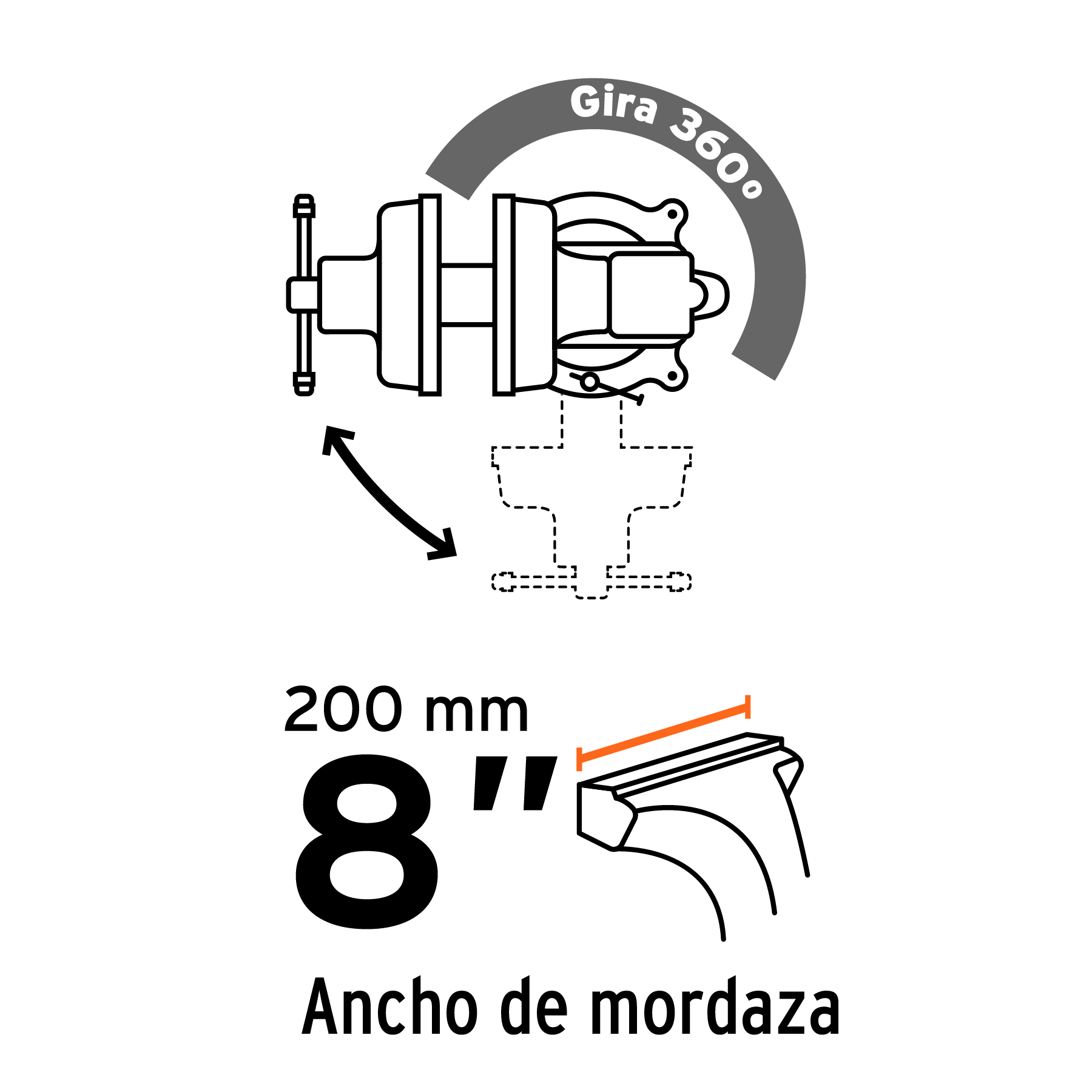 Tornillo de banco Truper 8 pul uso industrial de hierro nodular 18595 naranja