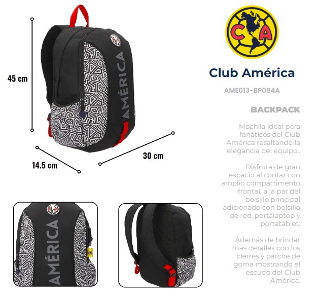 Mochila Oficial Tricampeón del Fútbol Mexicano el Club América - Mochila Escolar y Deportiva, Amplio Compartimento, Portalaptop, Bolsillos Laterales y Frontales, Respaldo Acolchado, 45cm x 14.5cm x 30cm