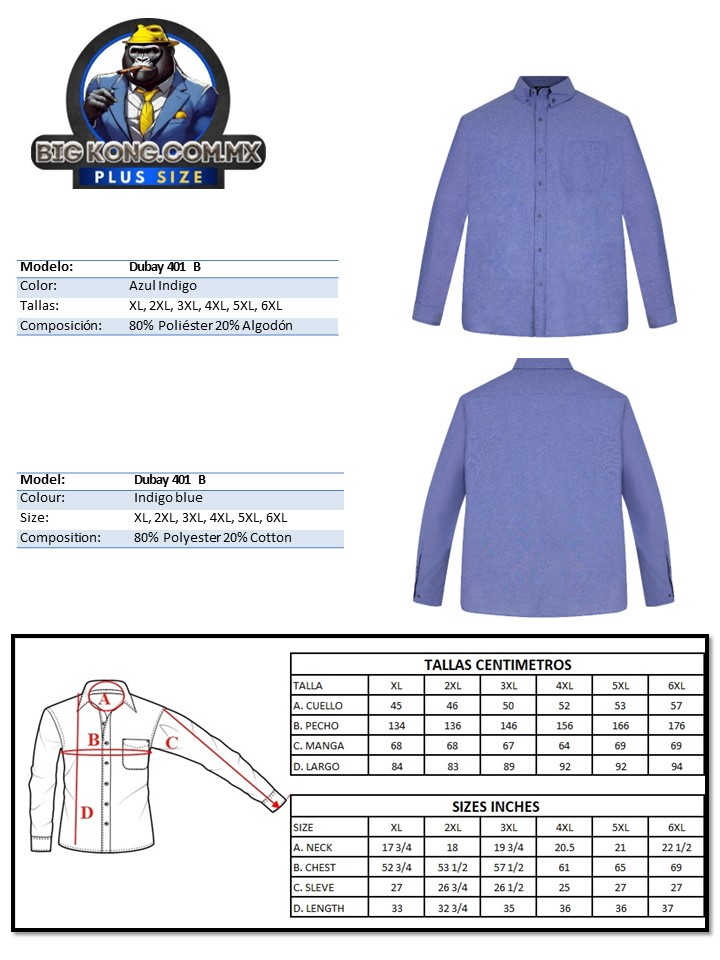 Camisa Caballero Tallas Extra Grande XL A 6XL Big Kong 401 B 