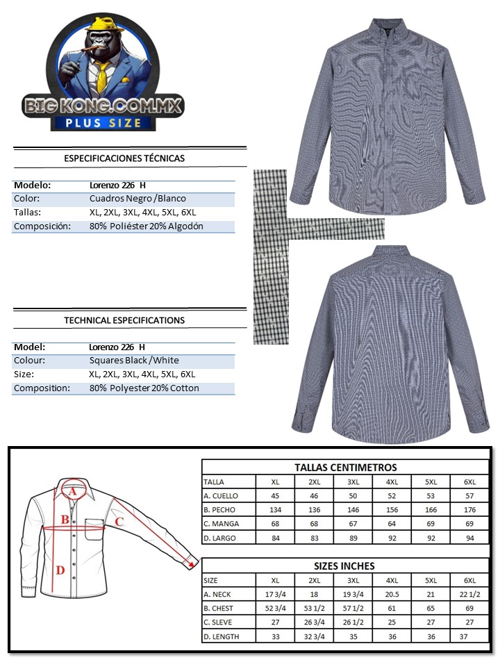 Camisa Caballero Tallas Extra Grande XL A 6XL Big Kong 226 H