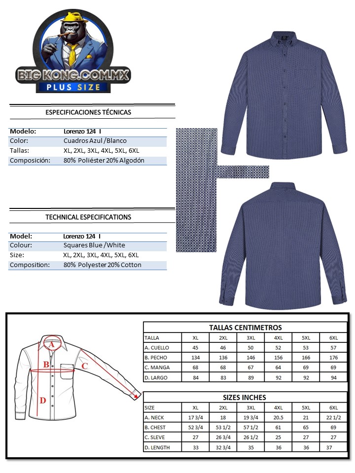 Camisa Caballero Tallas Extra Grande XL A 6XL Big Kong 124 I