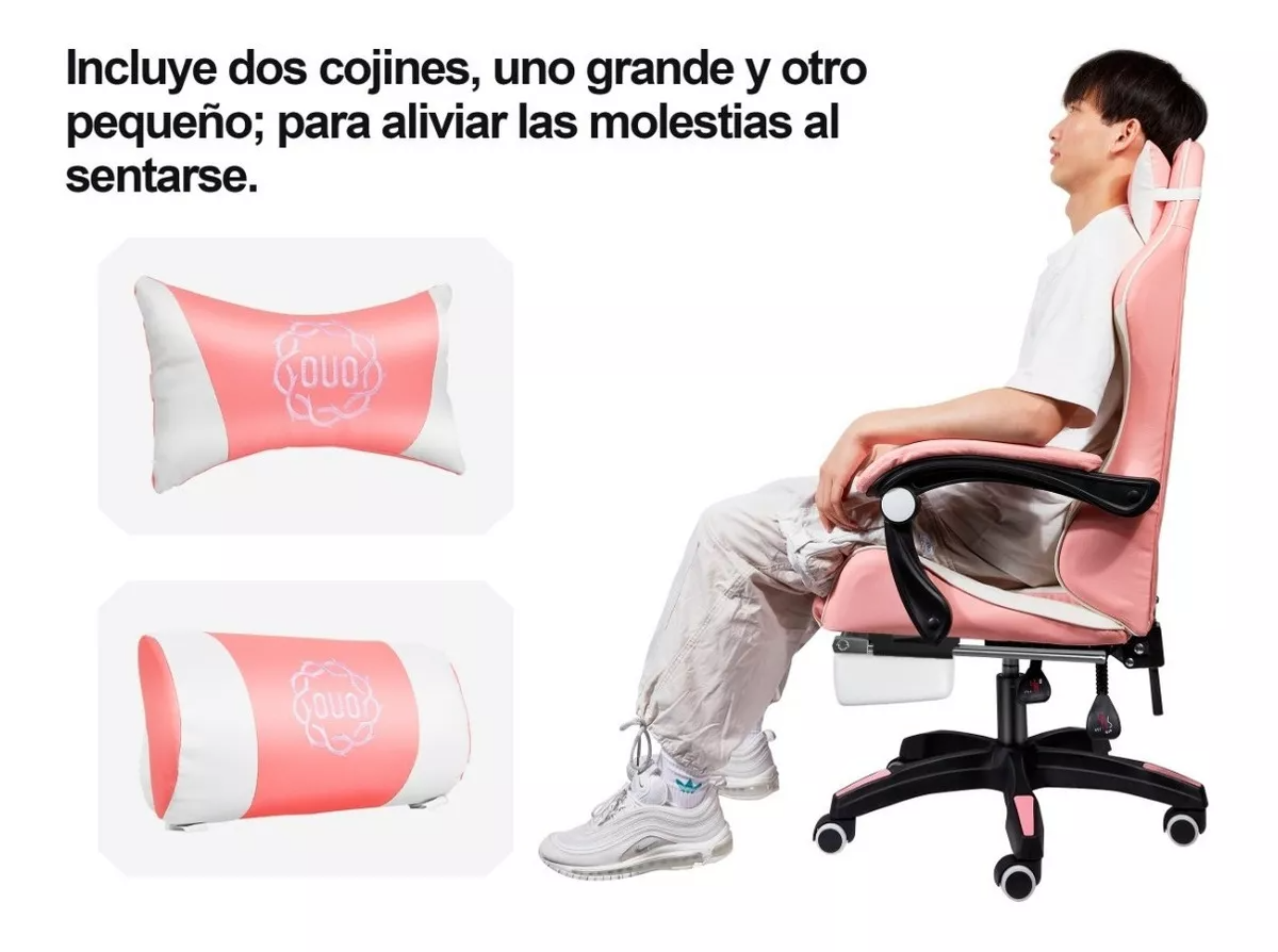 Silla Gamer Ergonómica Con Reposapiés Reclinable Cómoda Ouo Color Rosa/Blanco Material del tapizado Cuero sintético.