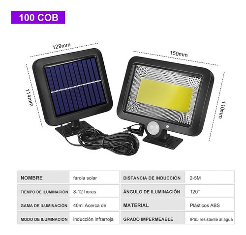 Lámpara Solar Exterior Pared Sensor 2pc 100led 3modos+remoto Color Negro