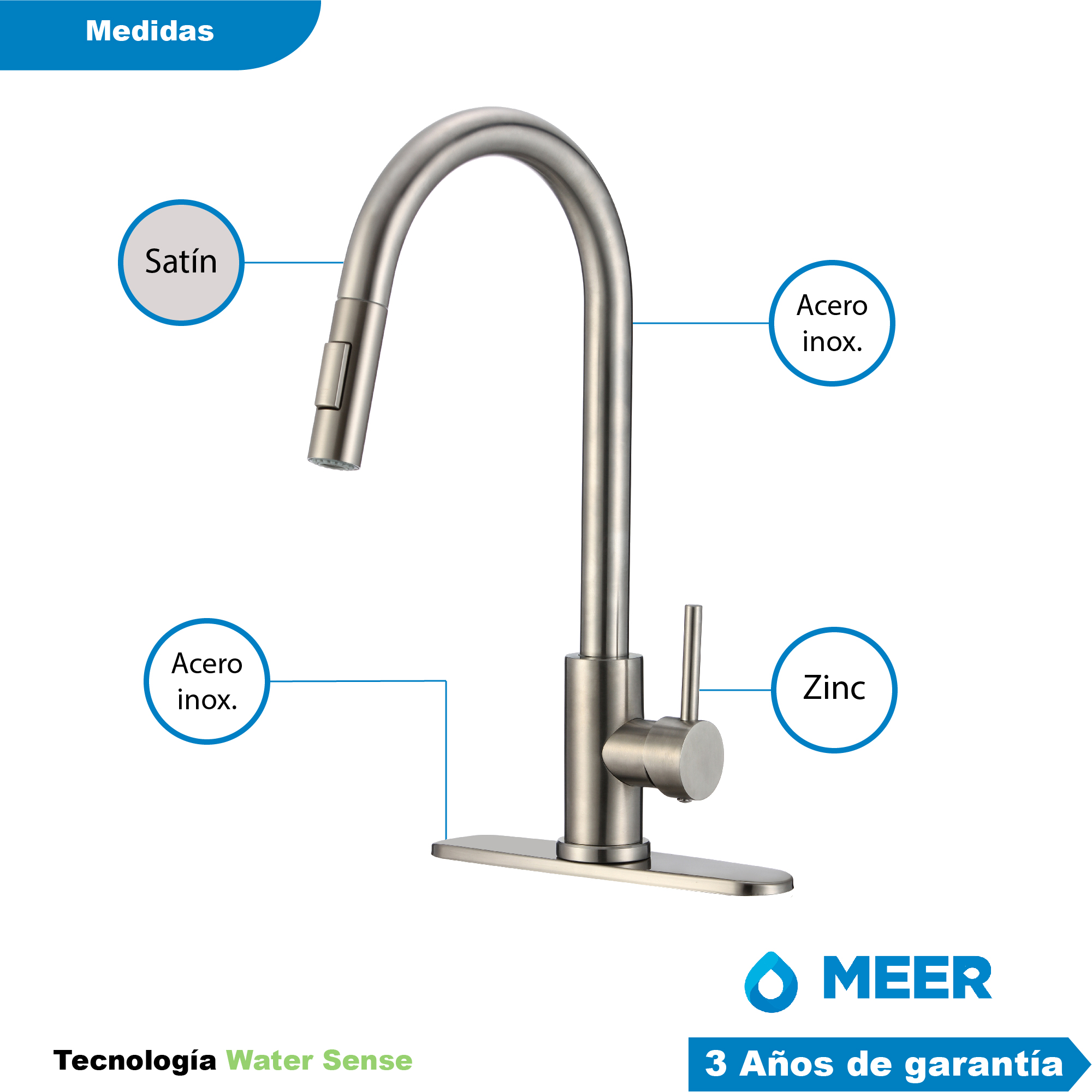 MEER Faucets by CNX | Fregadero para Cocina con Escurridero Izquierdo de Acero Inoxidable Satinado, Mezcladora Premium con Dos Tipos de Chorro y Cuello Extensible. Incluye Accesorios de Instalación