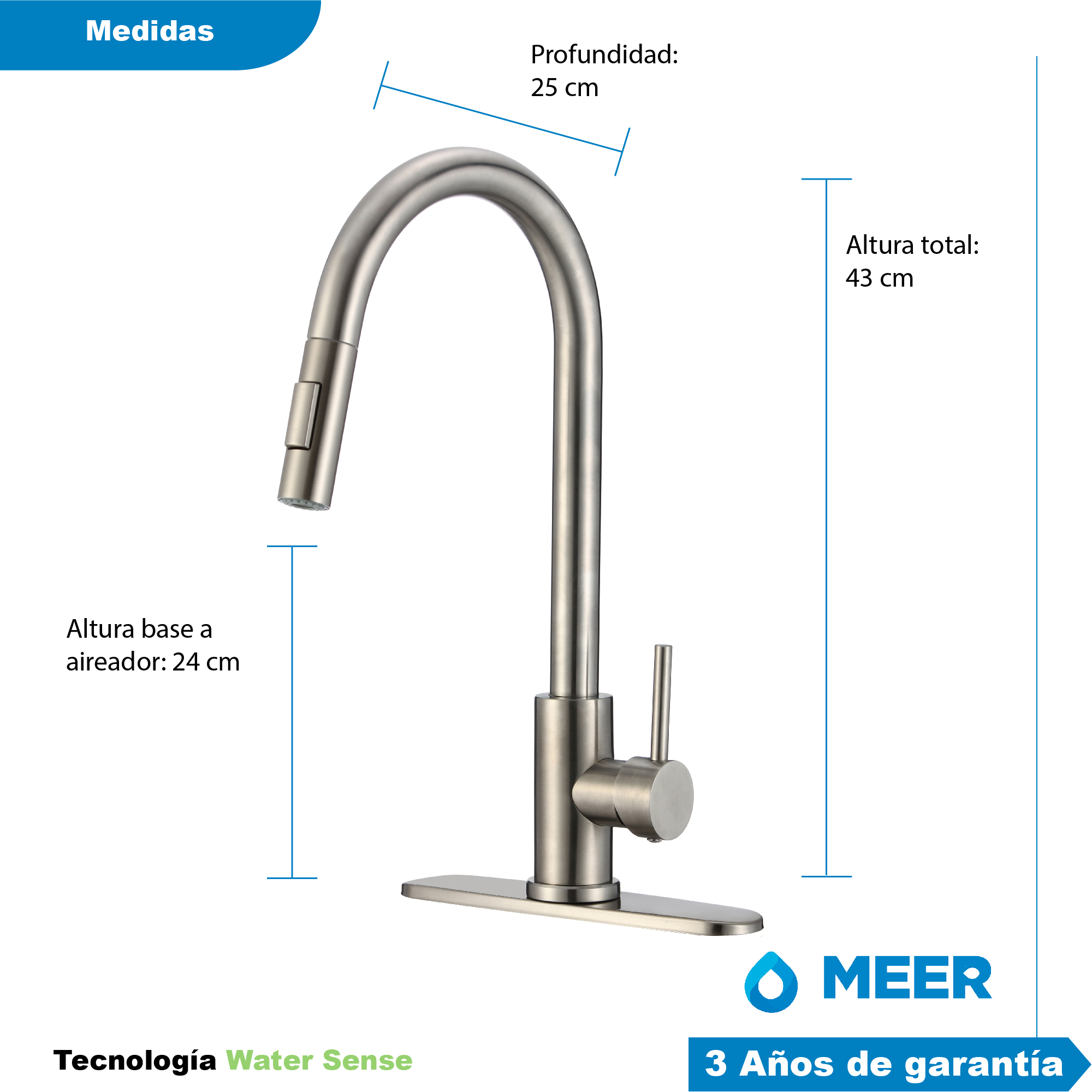 MEER Faucets by CNX | Fregadero para Cocina con Escurridero Izquierdo de Acero Inoxidable Satinado, Mezcladora Premium con Dos Tipos de Chorro y Cuello Extensible. Incluye Accesorios de Instalación