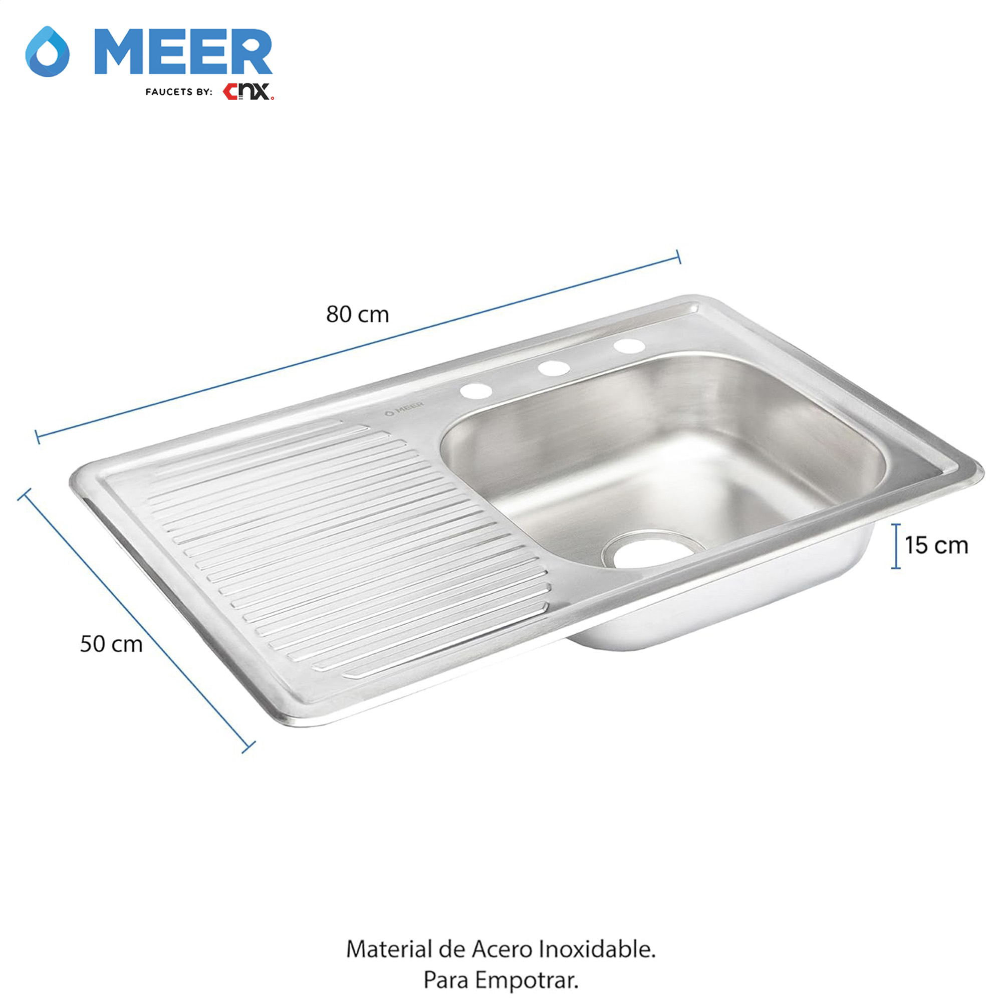 MEER Faucets by CNX | Fregadero para Cocina con Escurridero Izquierdo de Acero Inoxidable Satinado, Mezcladora Premium con Dos Tipos de Chorro y Cuello Extensible. Incluye Accesorios de Instalación
