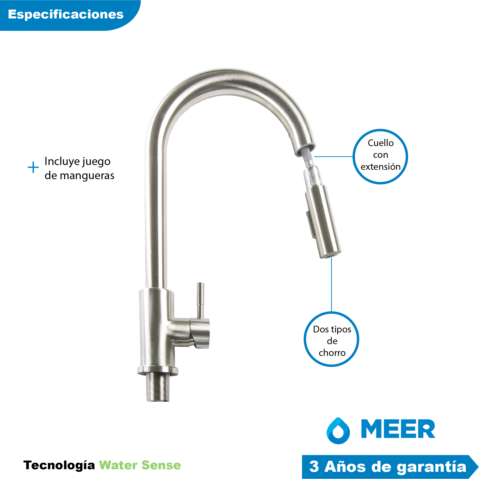 MEER Faucets by CNX | Fregadero para Cocina con Escurridero Izquierdo de Acero Inoxidable Satinado, Mezcladora Premium con Dos Tipos de Chorro y Cuello Extensible. Incluye Accesorios de Instalación