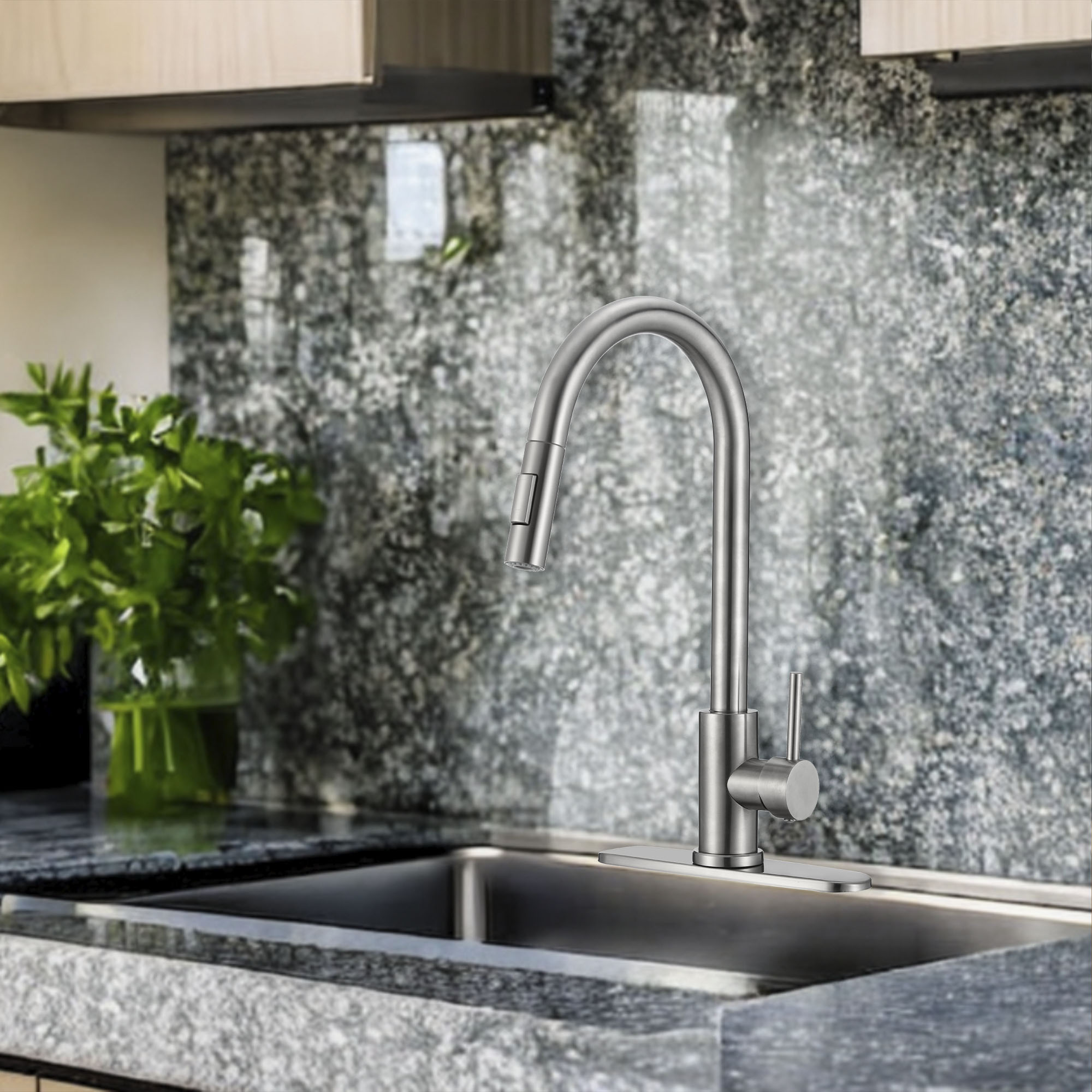 MEER Faucets by CNX | Fregadero para Cocina con Escurridero Izquierdo de Acero Inoxidable Satinado, Mezcladora Premium con Dos Tipos de Chorro y Cuello Extensible. Incluye Accesorios de Instalación