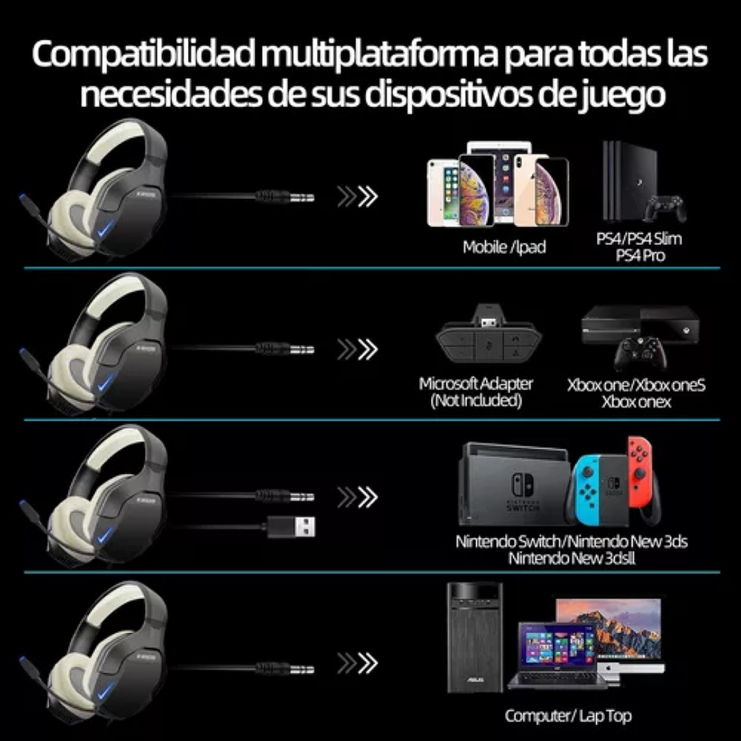 Audífonos Gamer KRIOS K10 Diadema Gaming Headset Gamer Con Microfono Led Rgb Para Xbox Pc Ps4 Color Negro