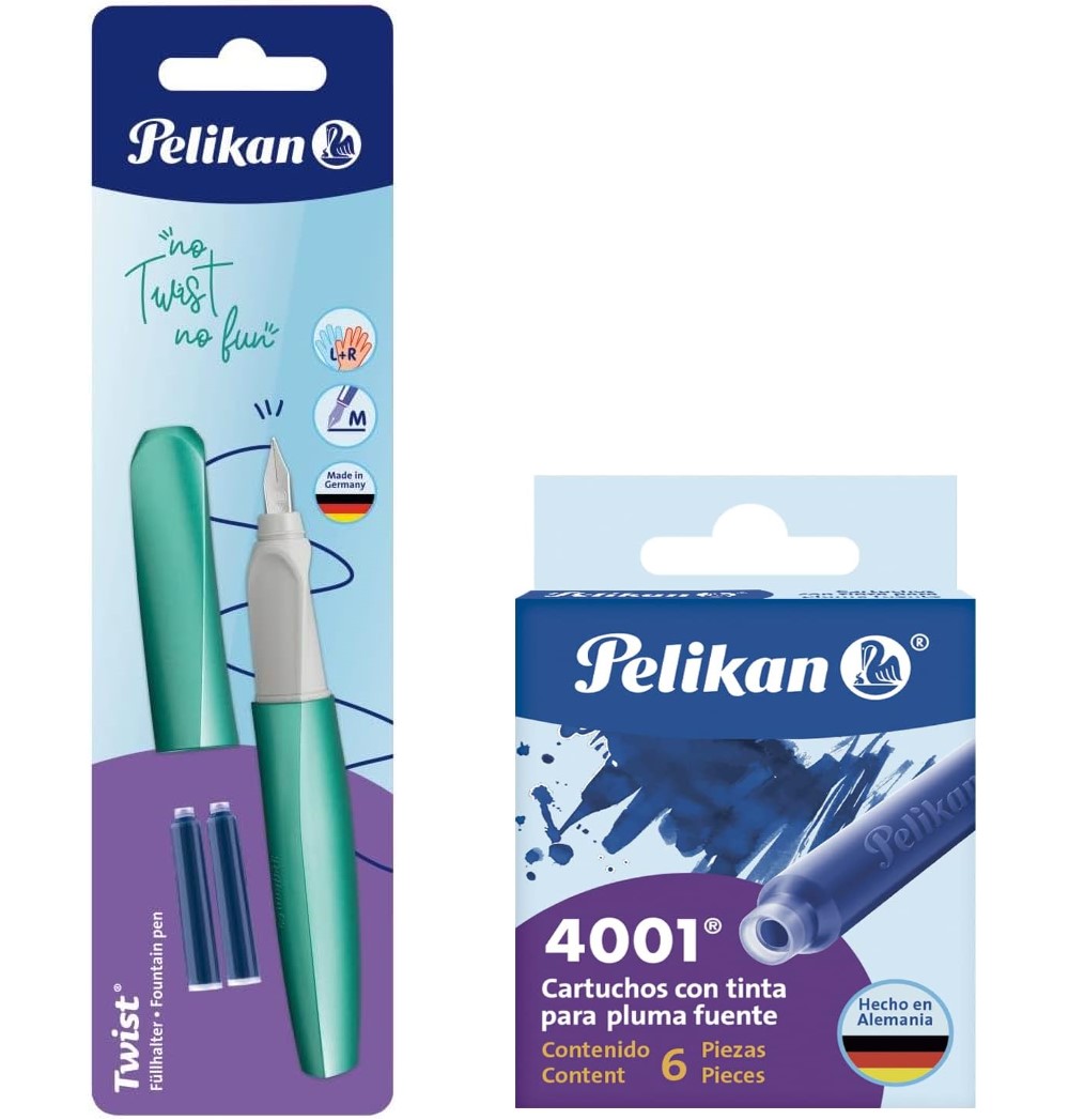 Pluma Fuente Pelikan Twist Con 8 Cartuchos de Tinta, Estilográfica, Ergonómica, Suave y Precisa